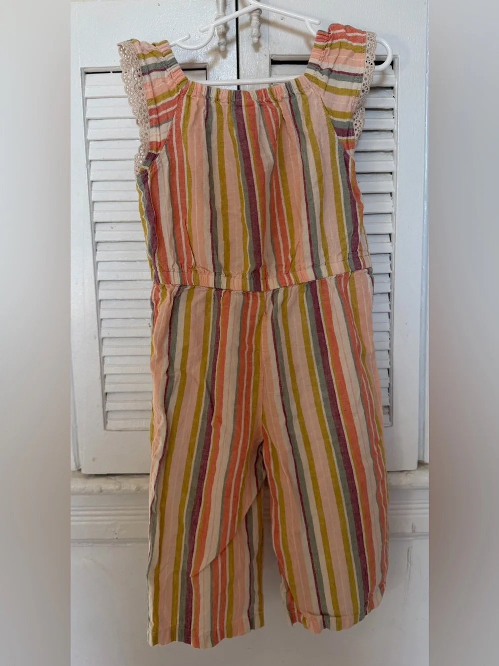 Whimsical 70’s style 4T cotton and linen striped jumpsuit